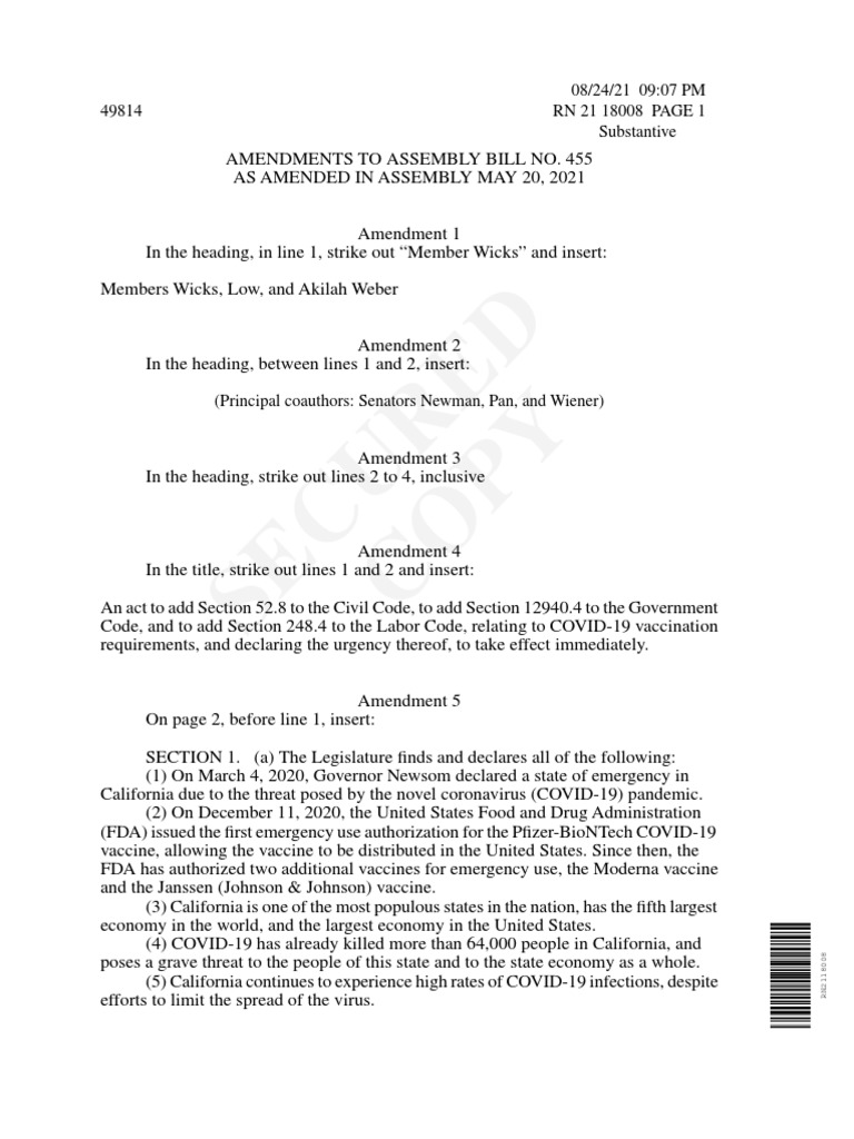 Amendments To Assembly Bill No. 455 PDF Employment Sick Leave