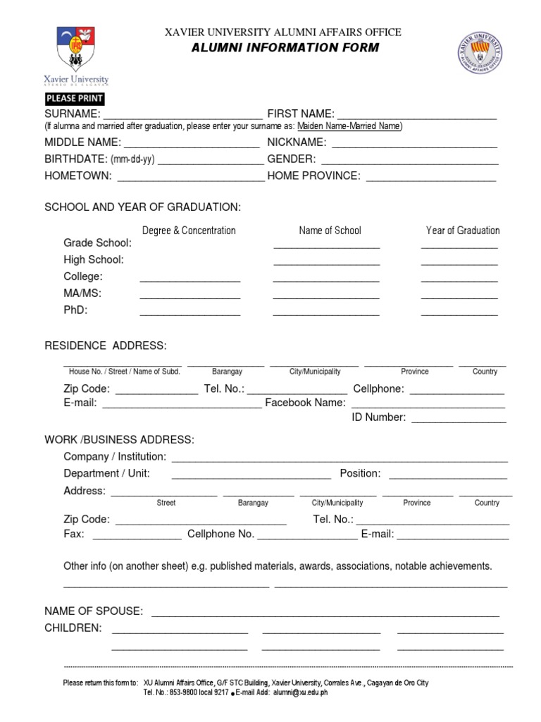 Xavier University Alumni Information Form | PDF | Written Communication