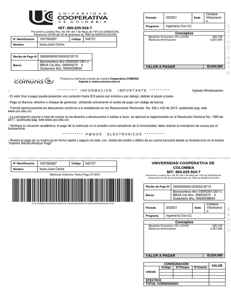 Recibo de Pago UCC | PDF | Economias | Industrias de servicio