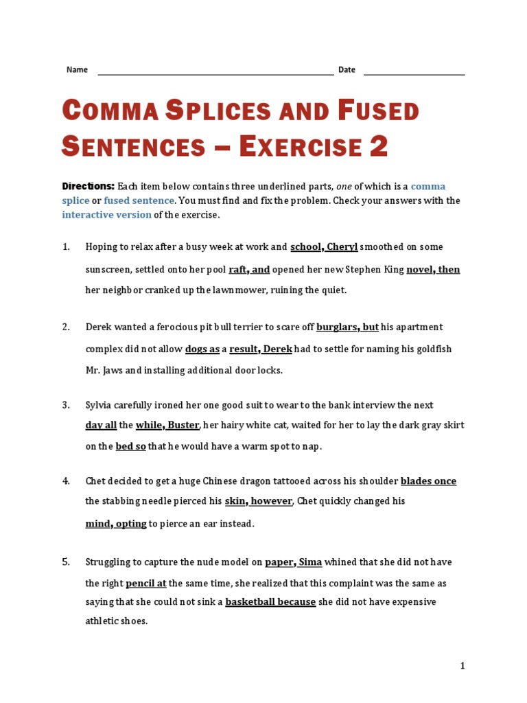 Comma Splice and Fused Sentences WRKSHT 2 | PDF | Young Adult | General ...
