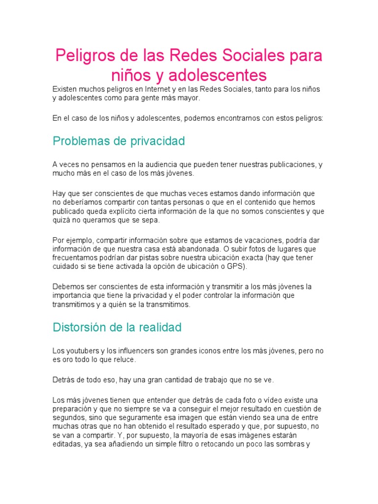 Peligros de Las Redes Sociales para Niños y Adolescentes | PDF ...