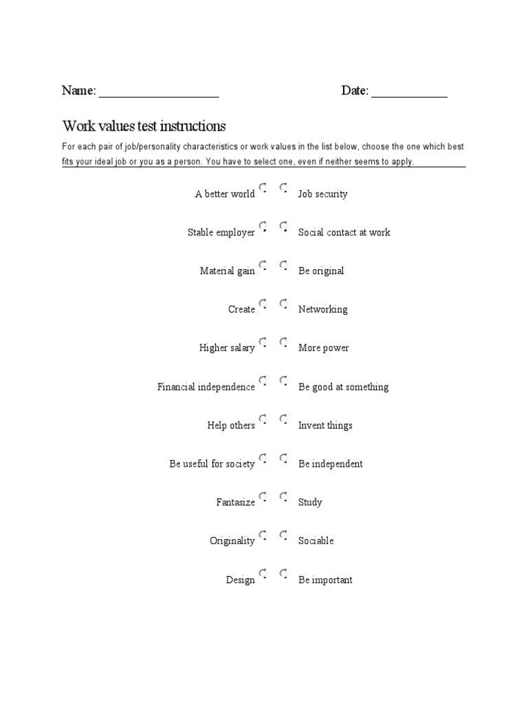 Work Values Exam and Answer Sheet | PDF