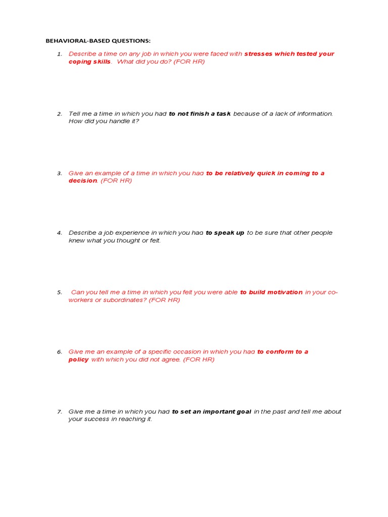 Behavioral-Based Questions | PDF | Neuropsychological Assessment ...