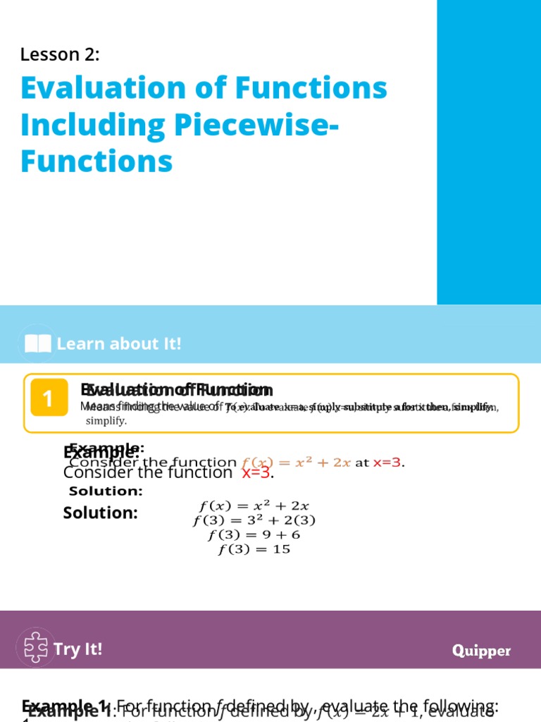 Lesson 2 Evaluation of Functions and Piecewise | PDF