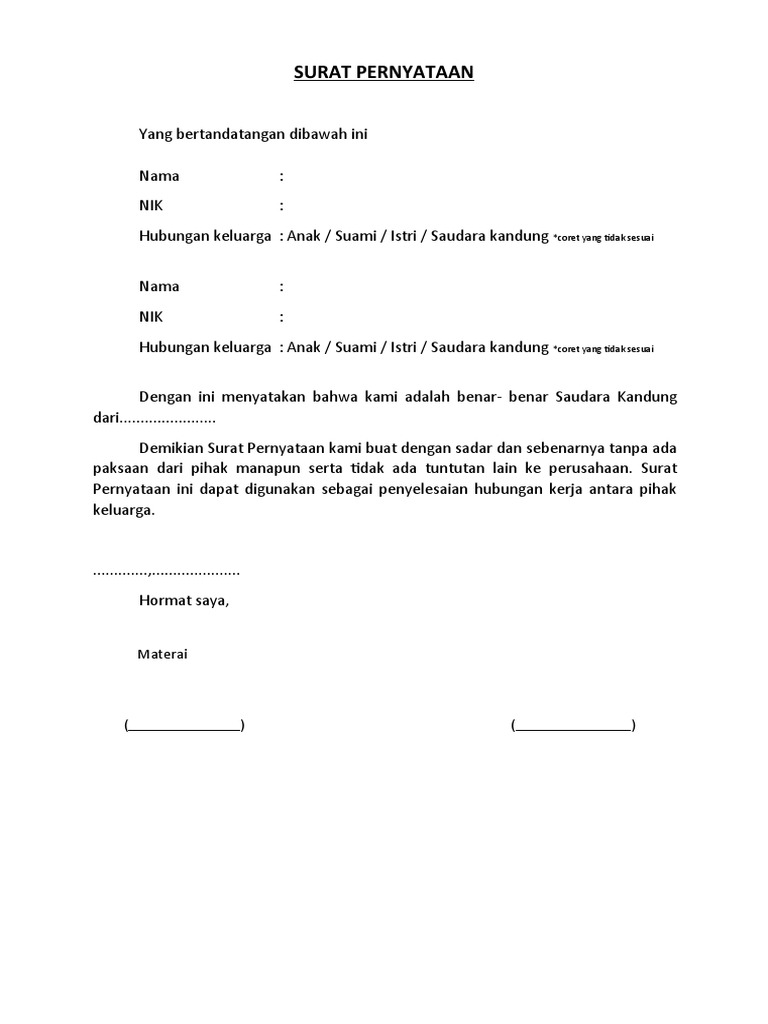 Contoh Surat Pernyataan Saudara Kandung | PDF