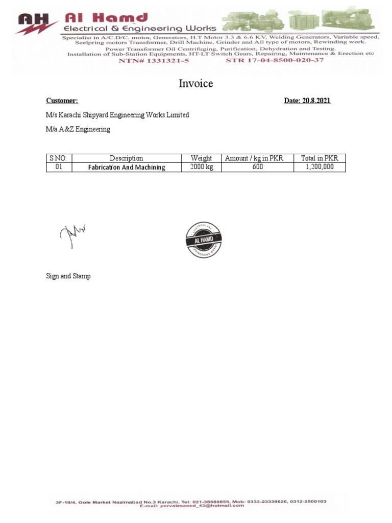 Invoice for Fabrication Services | PDF
