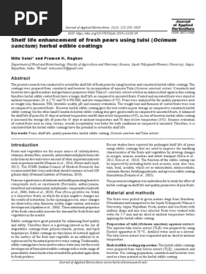 Shelf life enhancement of fresh pears using tulsi (Ocimum  sanctum) herbal edible coatings