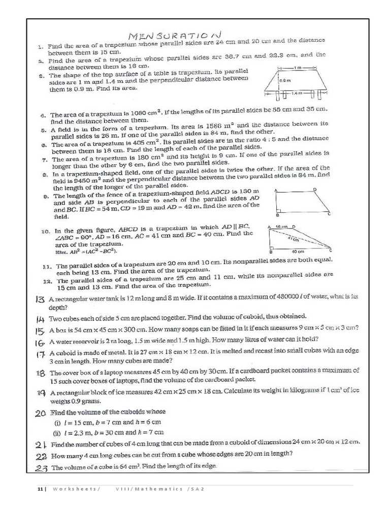 CBSE Class 8 Mathematics Worksheet Mensuration PDF