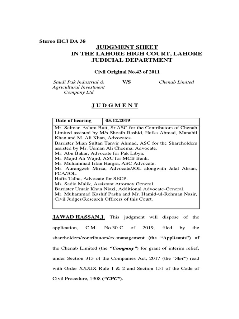 Lahore High Court Ruling on Chenab Ltd. Winding Up | PDF | Liquidation ...