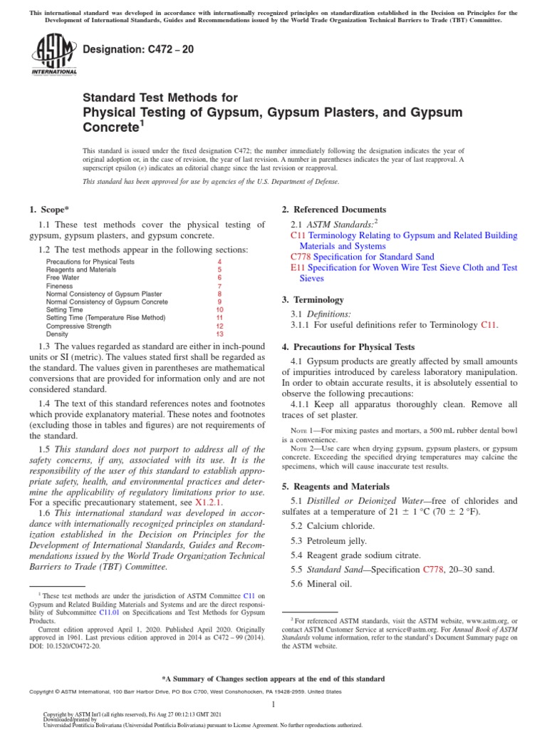 Standard Test Methods For Physical Testing of Gypsum, Gypsum Plasters, and Gypsum Concrete PDF