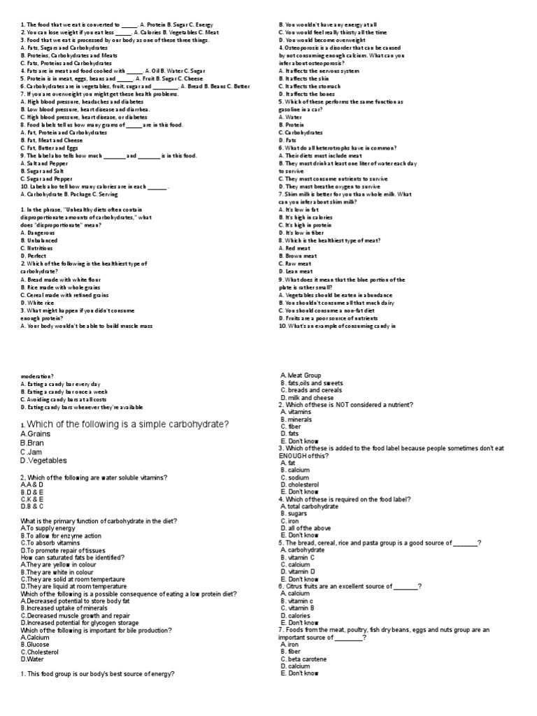 Nutri Quiz | PDF | Vitamin | Carbohydrates