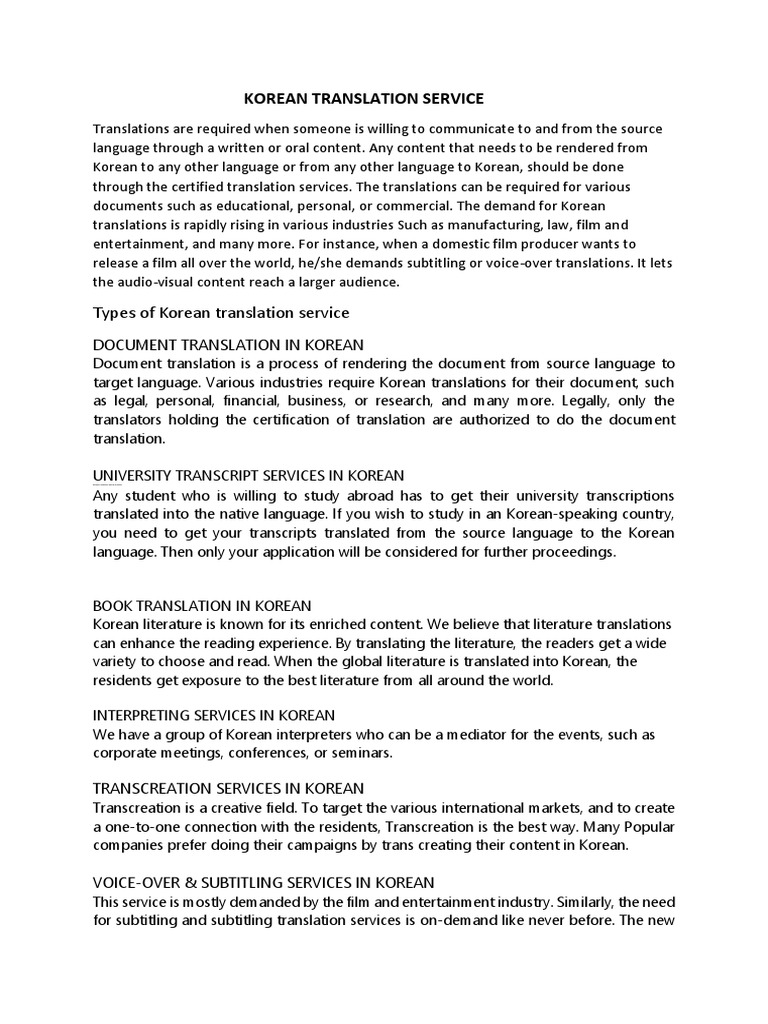 Korean Translation Services Overview | PDF | Translations | South Korea