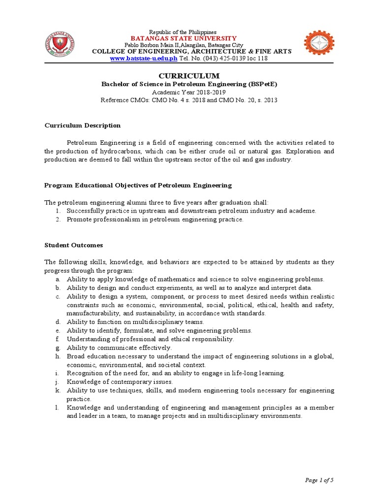 BSPetE Curriculum Overview 2018-2019 | PDF | Engineering | Petroleum ...