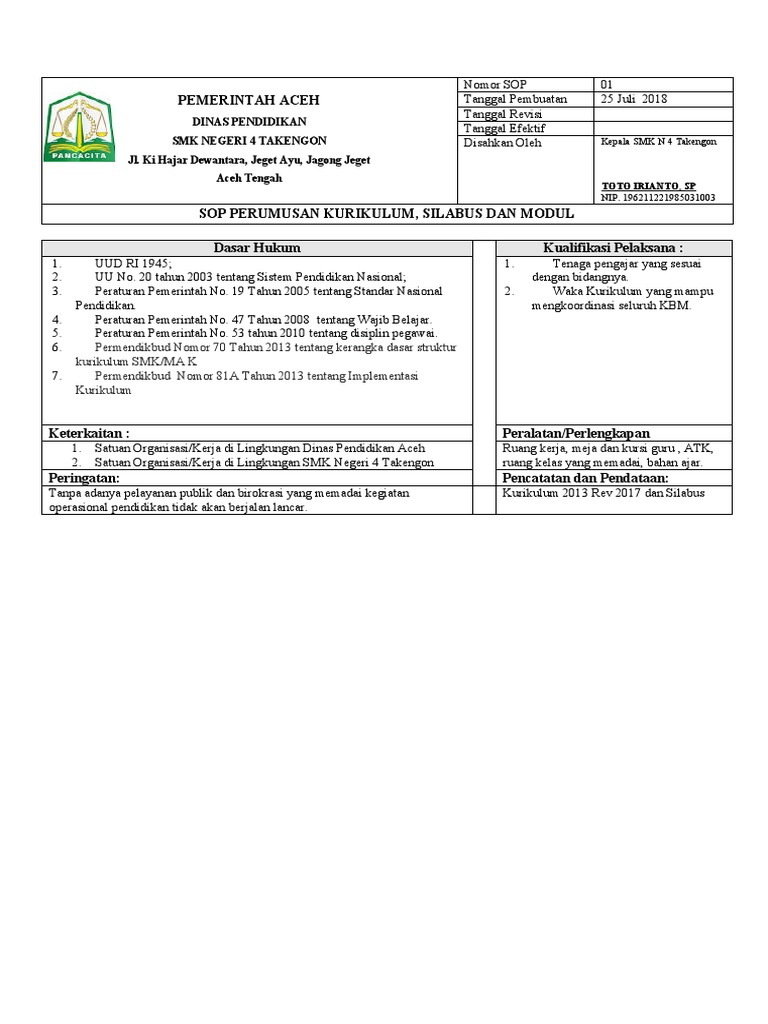 SOP Kurikulum dan Kegiatan SMK Negeri 4 | PDF