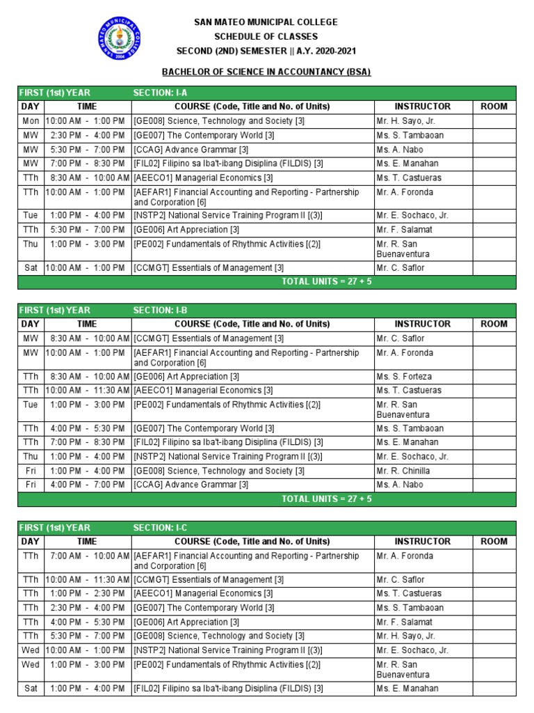 BSA Bachelor of Science in Accountancy Schedule | PDF | Business ...