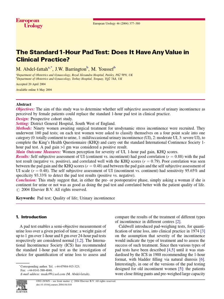1- And 24 Hour Pad Test For Incontinence – SCCV