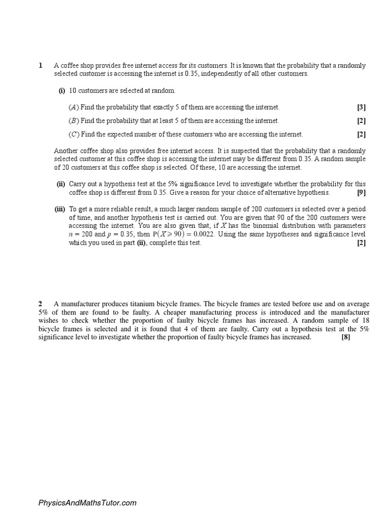 S1 Binomial Distribution & Hypothesis Testing 2 QP | PDF | Statistical ...