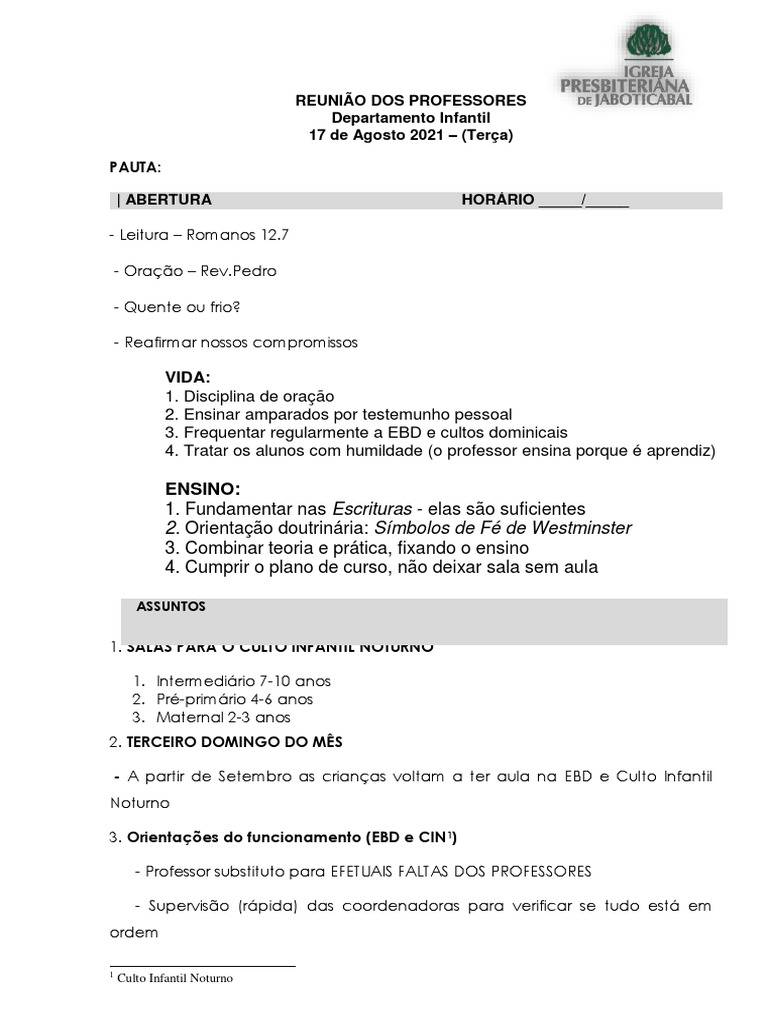 Pauta REUNIÃO de Professores | PDF