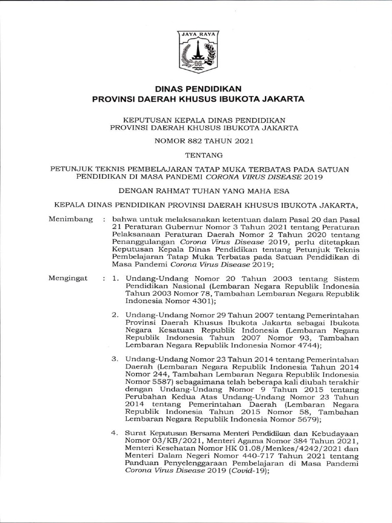 Sk Kadisdik No 882 Tahun 2021 Juknis Ptm Pdf