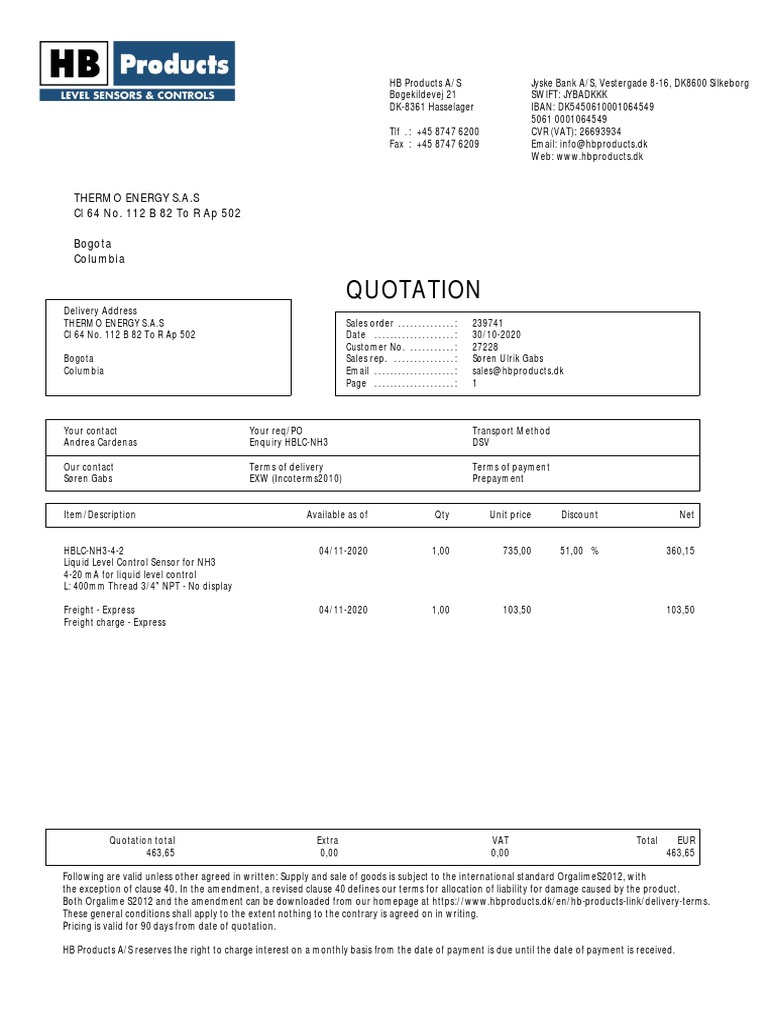 Quotation for HBLC-NH3 Level Sensor | PDF | Business | Economies