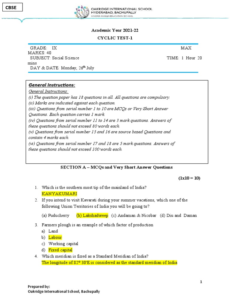 Oisb - Cbse - Grade 9 Social Ct-1 - Answer Key 2021-22 | PDF | Green ...
