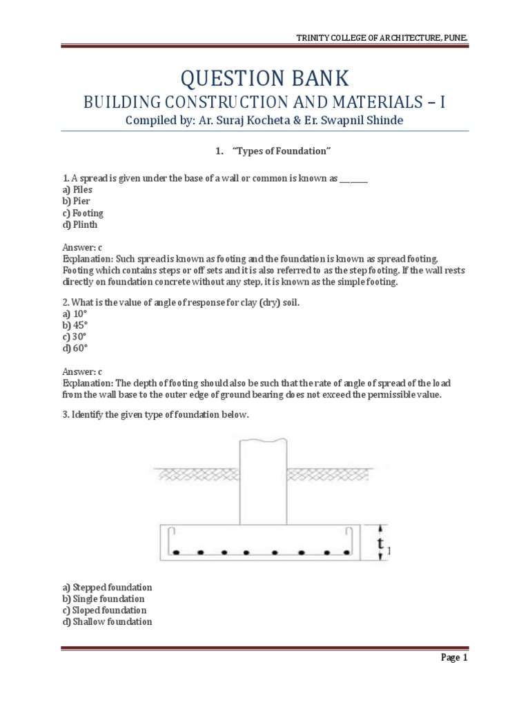 Building Construction and Materials I MCQs (Set 1) PDF Deep Foundation Masonry