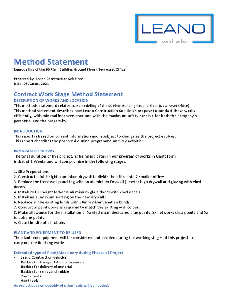 Ground Floor Office Remodel Method Statement | PDF | Personal ...