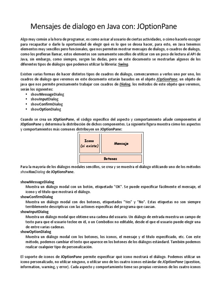 Mensajes de Diálogo en Java: JOptionPane | PDF | Java (lenguaje de ...