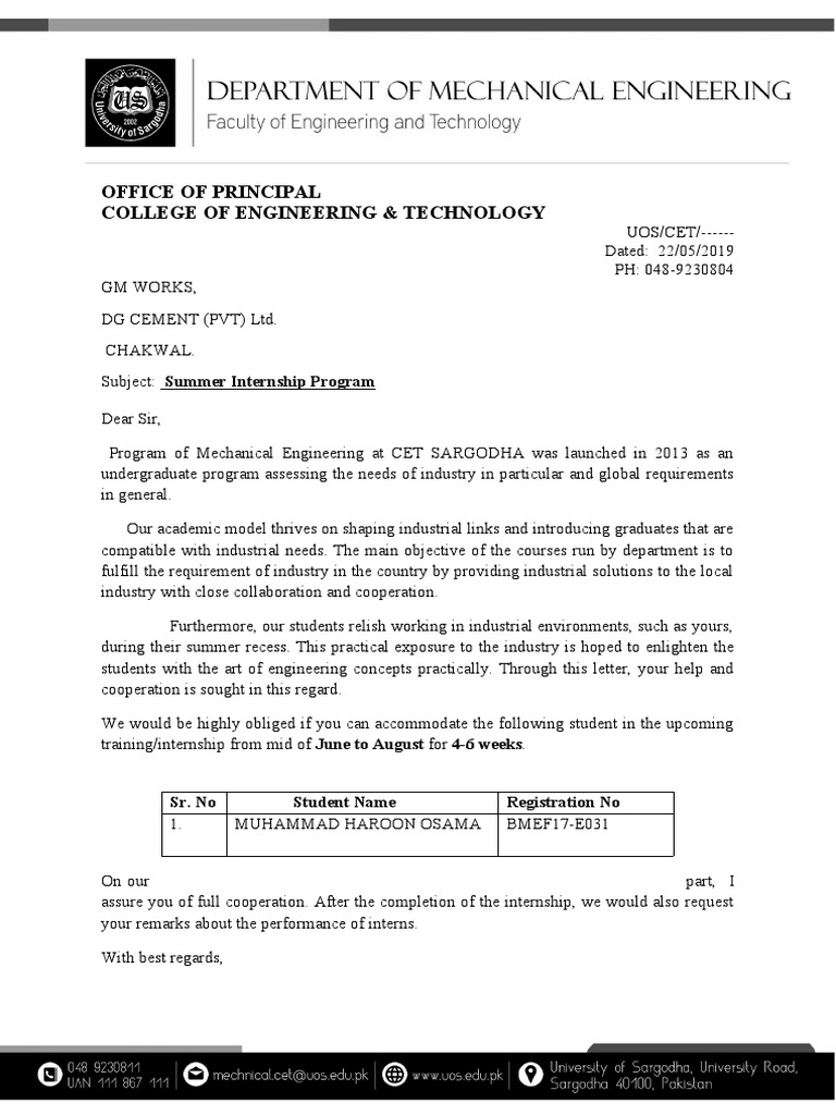 Summer Internship Request for Engineering Students | PDF | Business ...