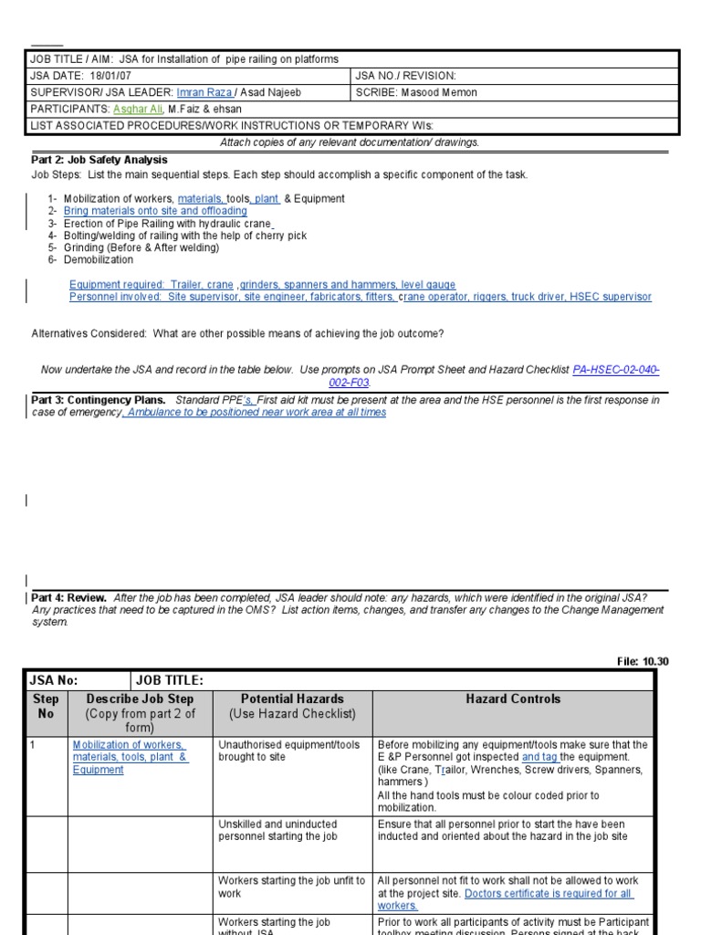 Handrail Installation Job Safety Analysis | PDF | Personal Protective ...