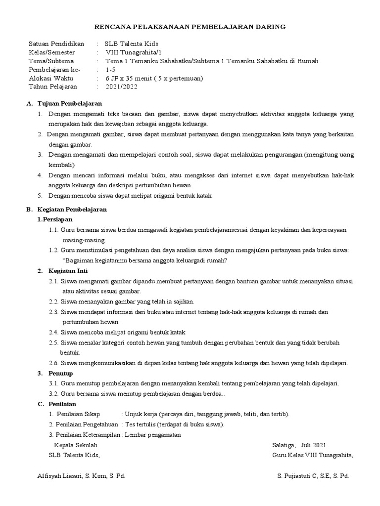 Contoh RPP Pembelajaran Daring SLB | PDF | Karier & Perkembangan ...
