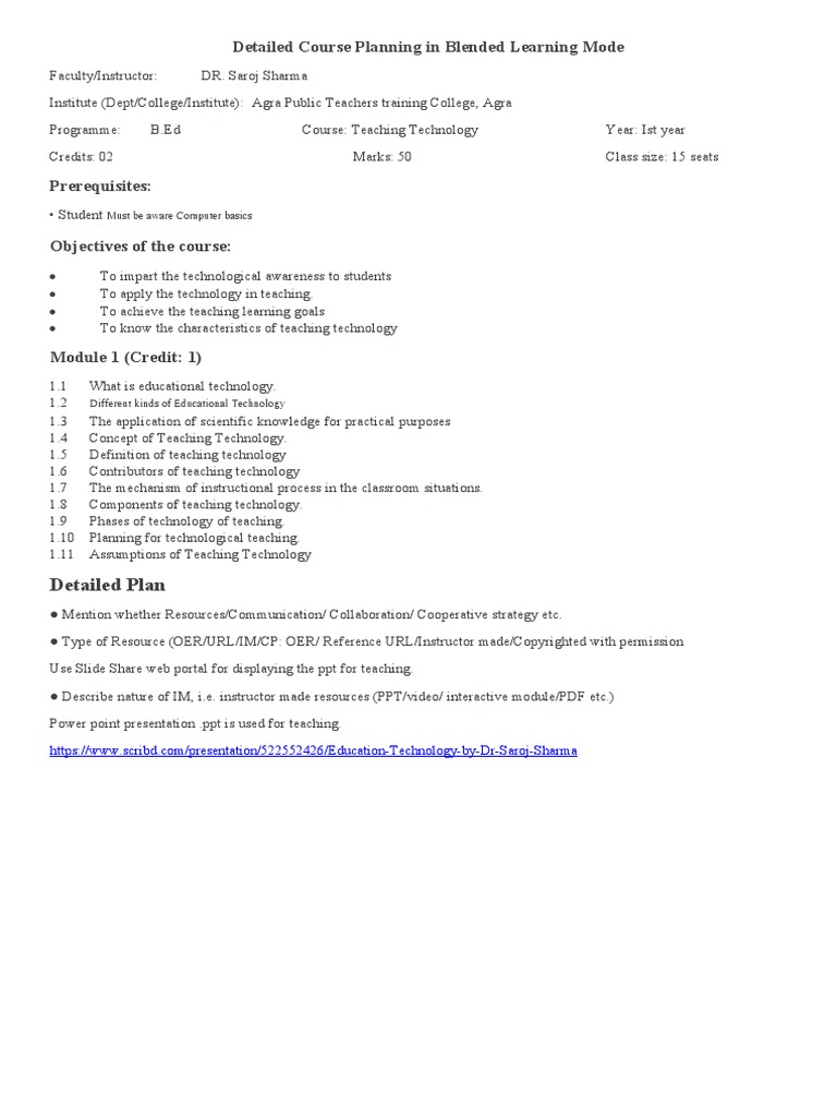 Detailed Course Planning in Blended Learning Mode | PDF