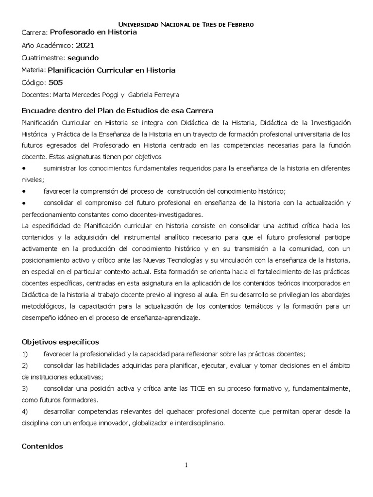 Planificacion Curricular en Historia-2021 MMPoggi | PDF | Plan de ...