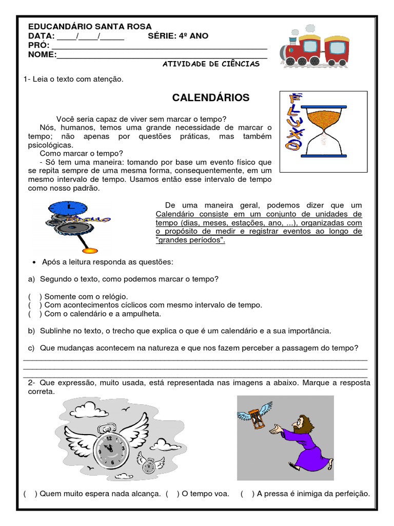 Atividades sobre Calendários para 4º Ano | PDF | Tempo | Calendário