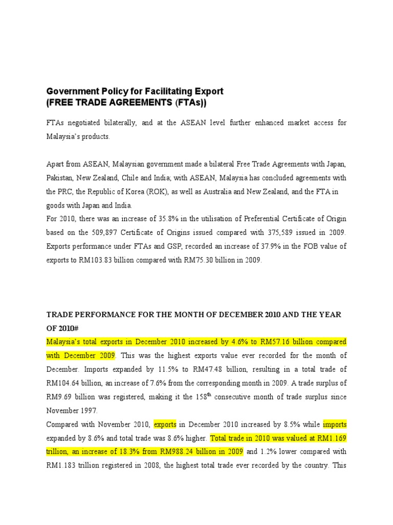 Government Policy For Facilitating Export (Free Trade Agreements (Ftas ...