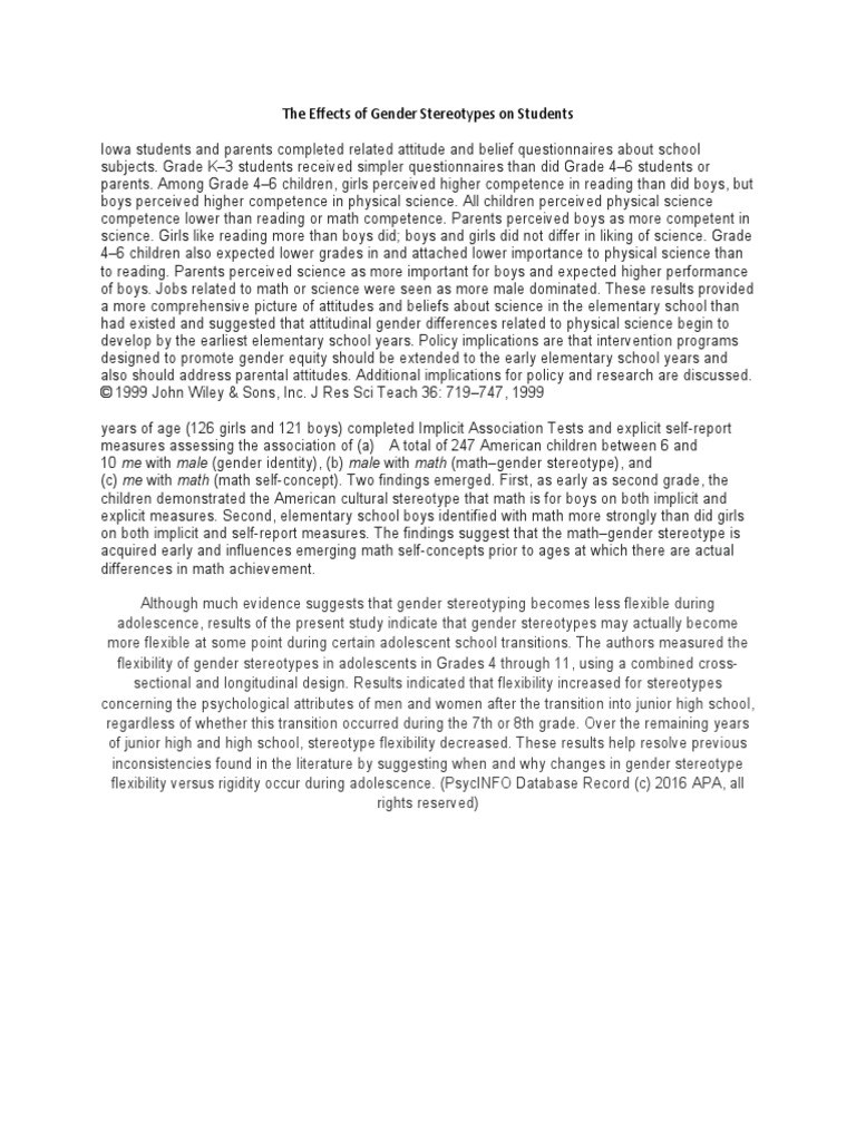 The Effects of Gender Stereotypes On Students | PDF | Stereotypes ...