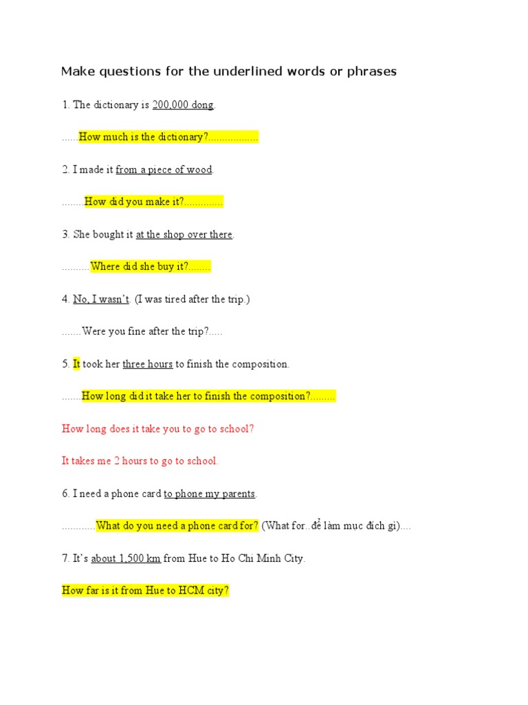 Make Questions For The Underlined Part