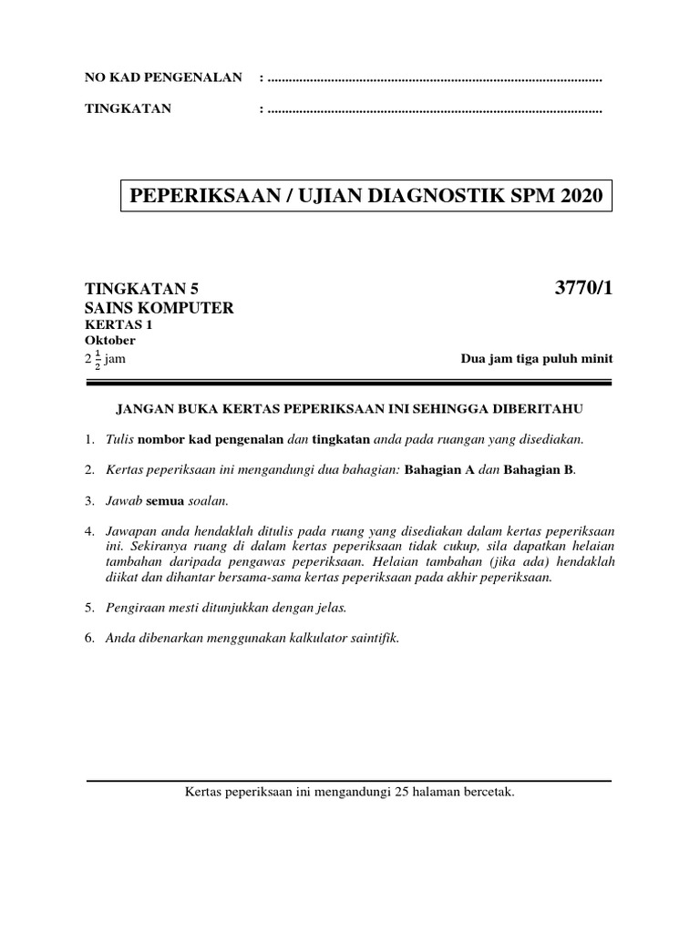 Diagnostik 2 Sains Komputer SPM NG Melaka 2020 | PDF