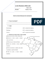 Prova de Recuperação Geografia 3º Ano - 2019