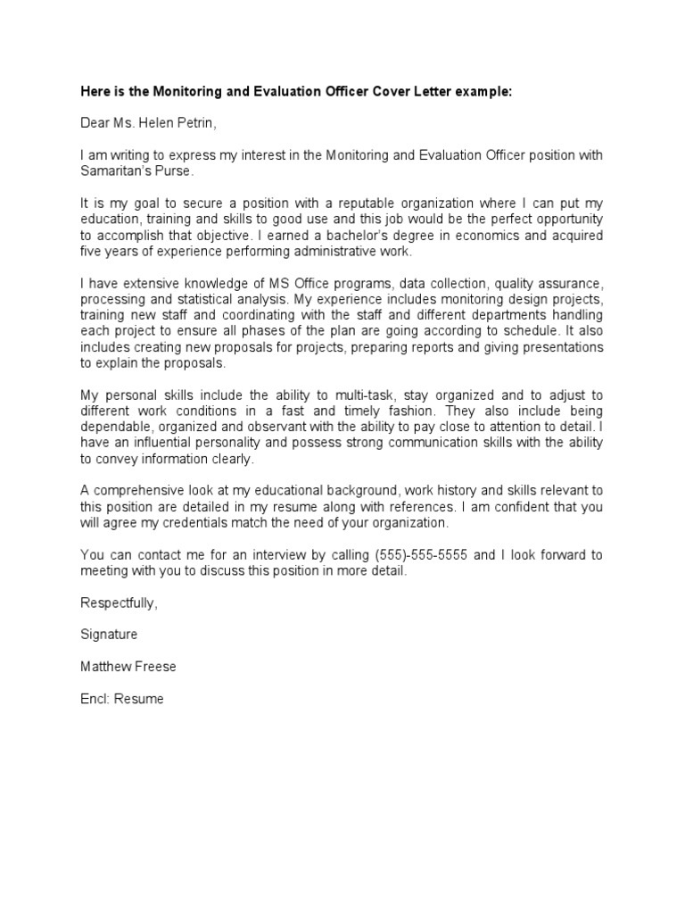 Here Is The Monitoring and Evaluation Officer Cover Letter Example PDF