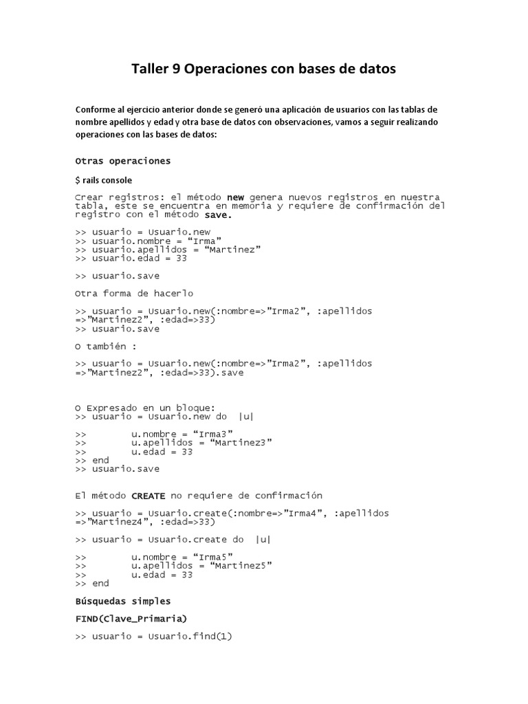 Taller 9 Operaciones Con Bases de Datos | PDF | SQL | Archivo de ...
