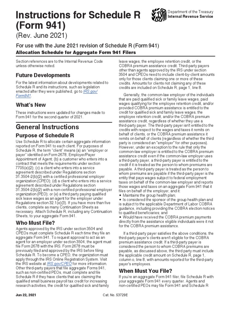 Instructions For Schedule R (Form 941) : (Rev. June 2021) | PDF ...