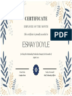 Beige Floral Employee of The Month Certificate