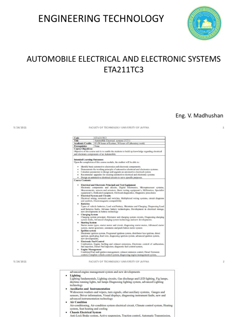 Engineering Technology Automobile Electrical and Electronic Systems