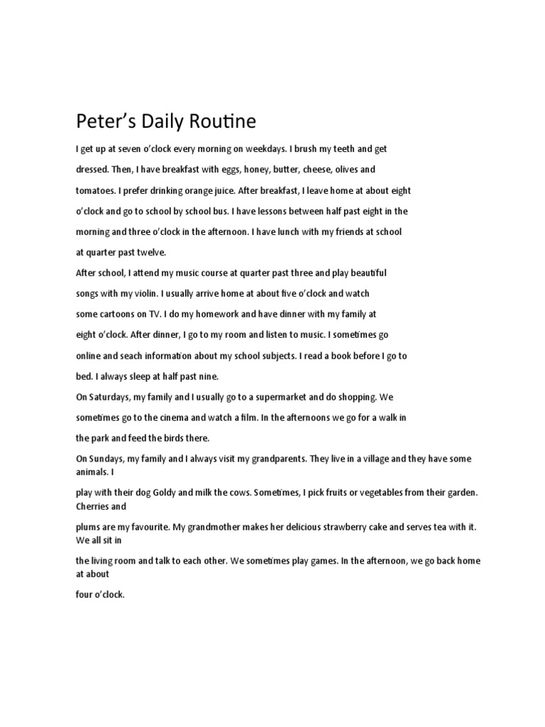 Peter's Daily Routine Overview | PDF | Lunch | Eating Behaviors Of Humans
