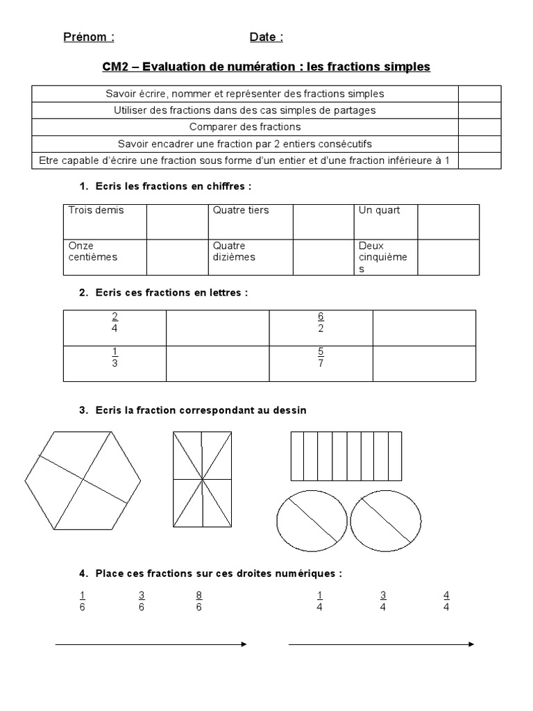 Les Fractions Cm2 Eval Num Fractions CM2 | PDF