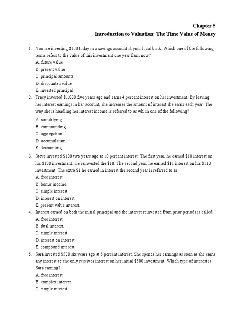 Chapter 5 Multiple Choice Questions | PDF | Present Value | Interest