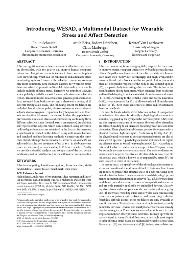 Introducing WESAD, A Multimodal Dataset For Wearable Stress and Affect ...