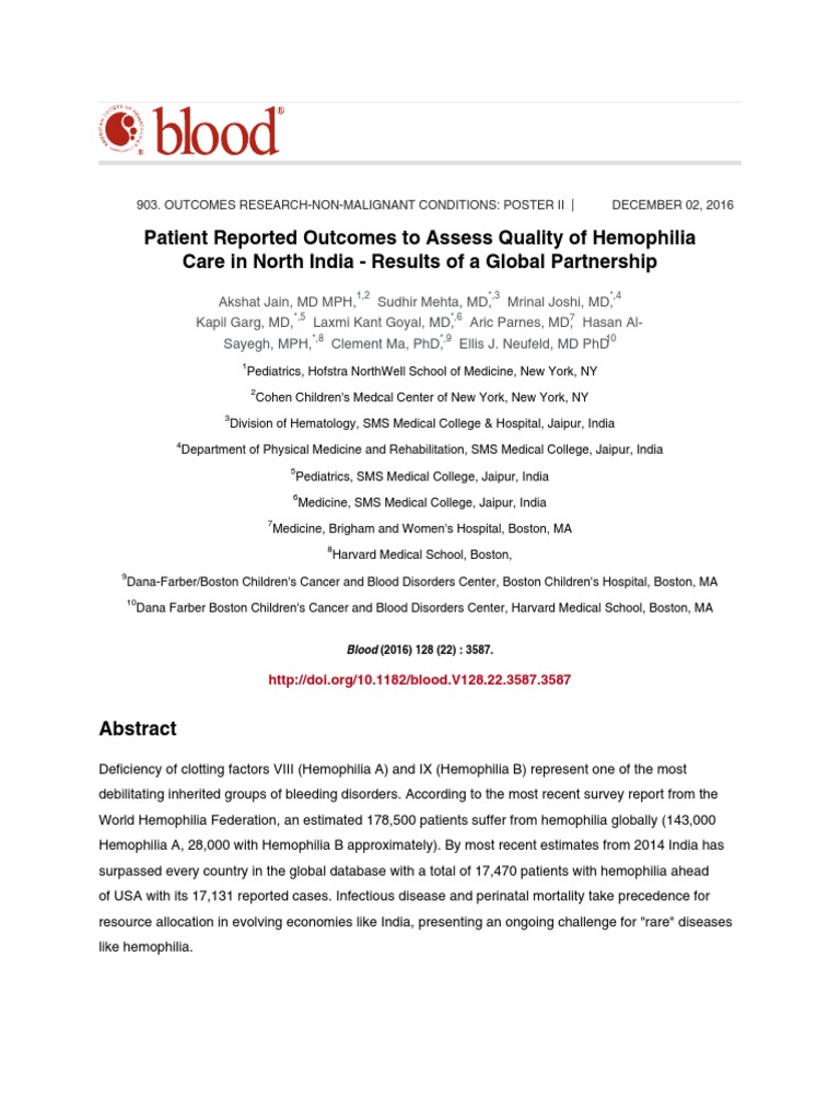 Patient Reported Outcomes To Assess Quality of Hemophilia Care in N ...