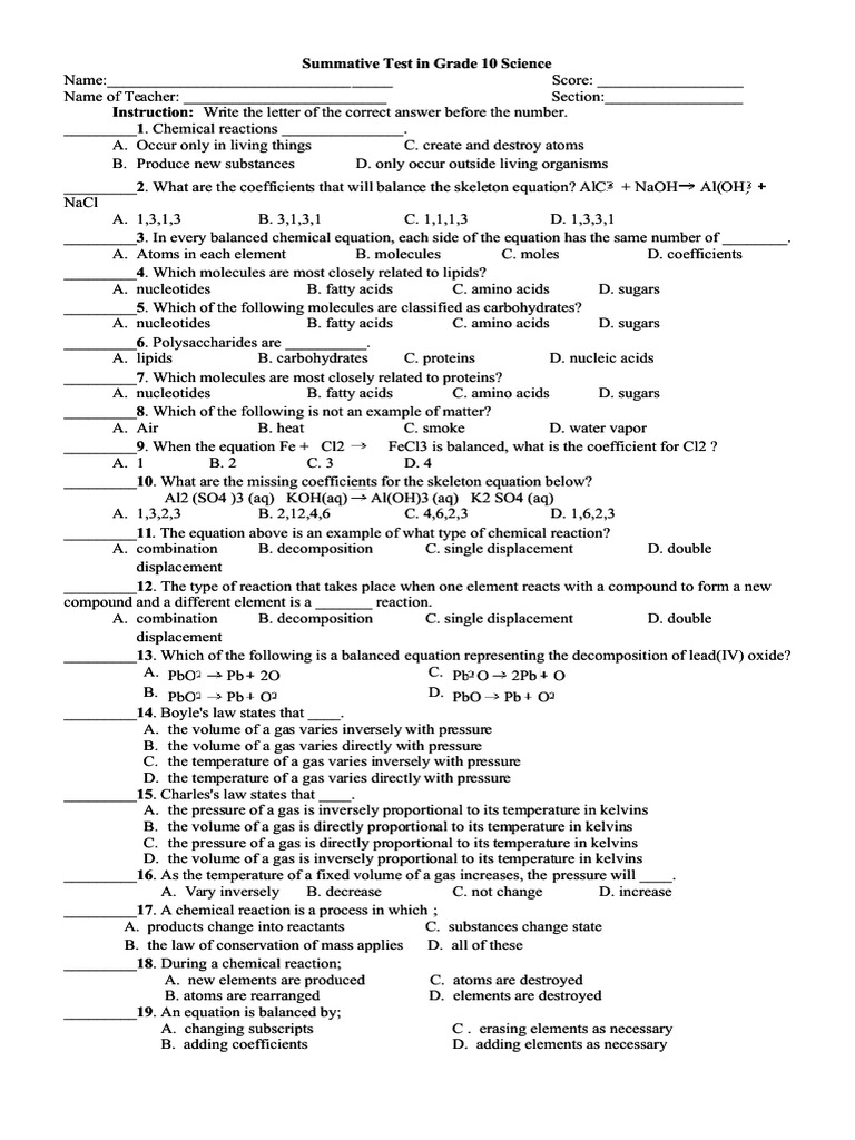 Grade 10 Science Summative Test | PDF | Molecules | Carbohydrates